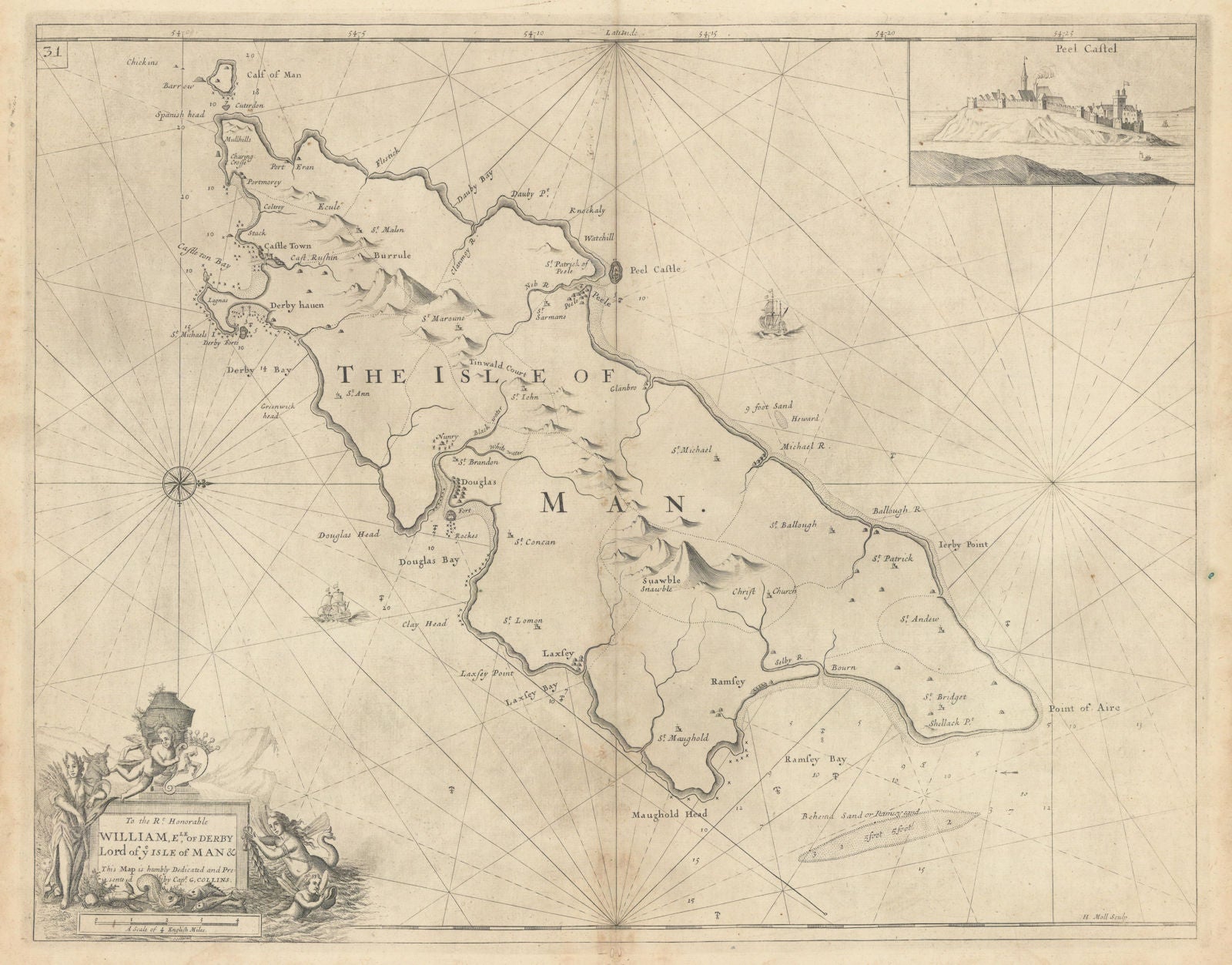 THE ISLE OF MAN sea coast chart. Douglas Ramsey Peel Castle. COLLINS 1723 map